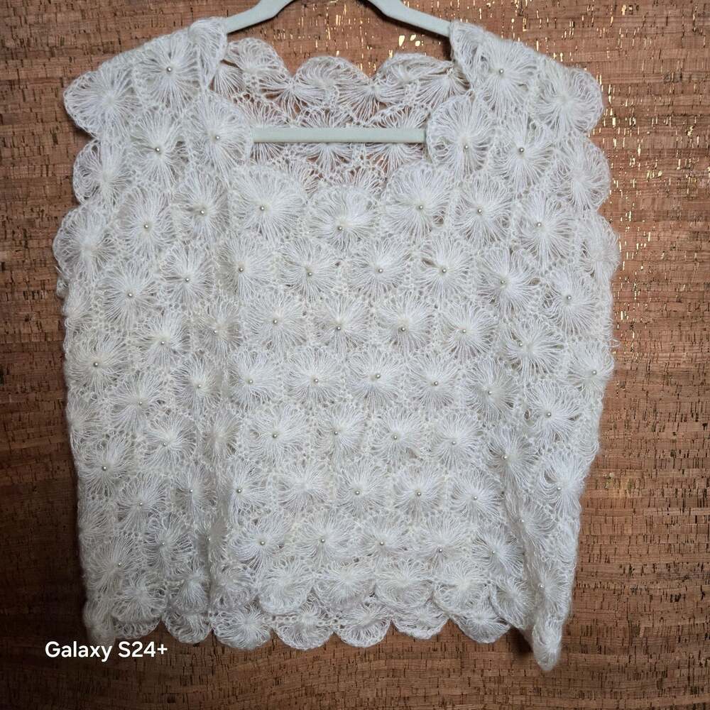 Vintage Hand-Crocheted Floral Pattern Sleeveless Top with Pearl Embellishments